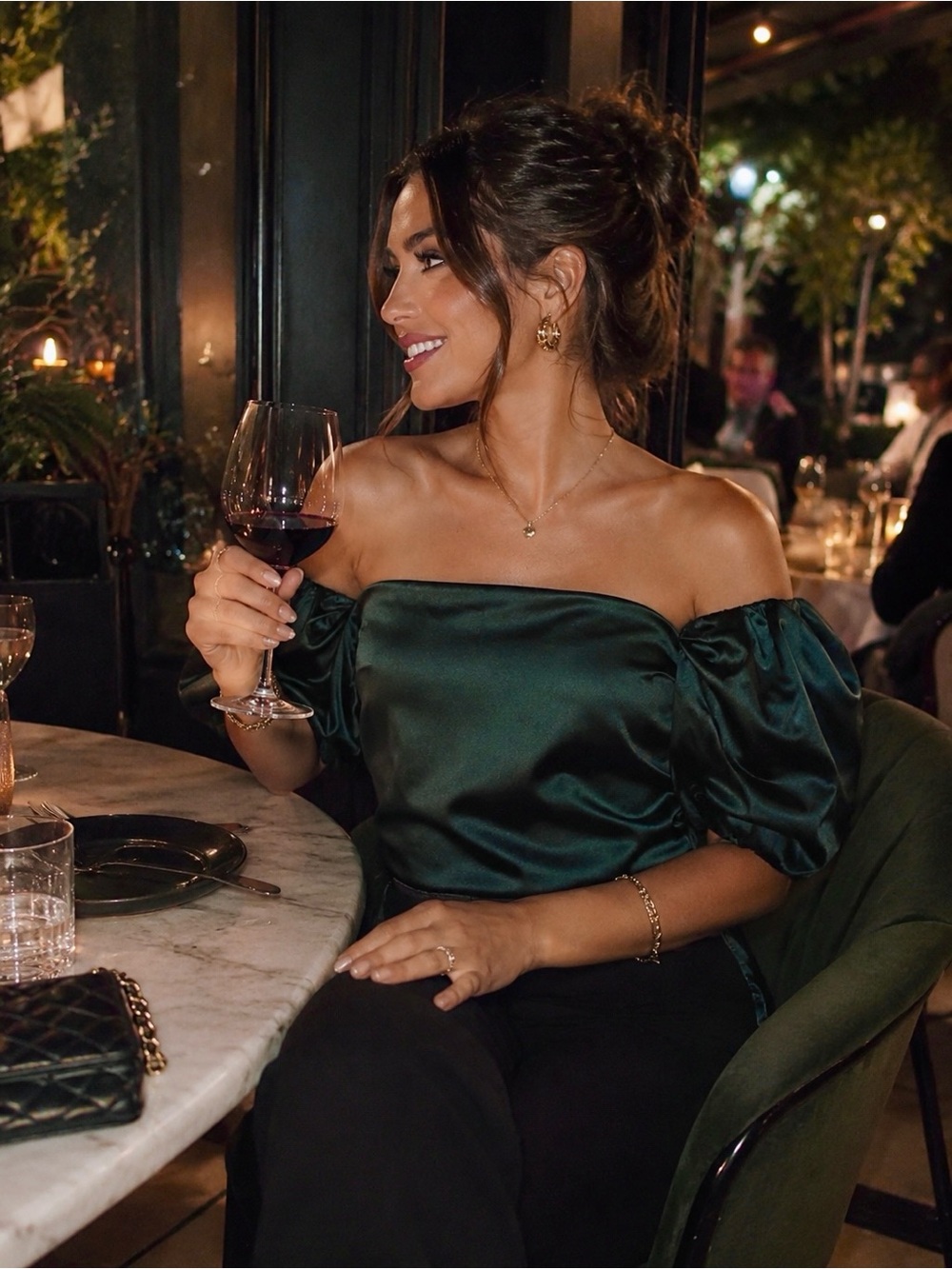 Zara Off-Shoulder Satin Puff Sleeve Top in Emerald Green